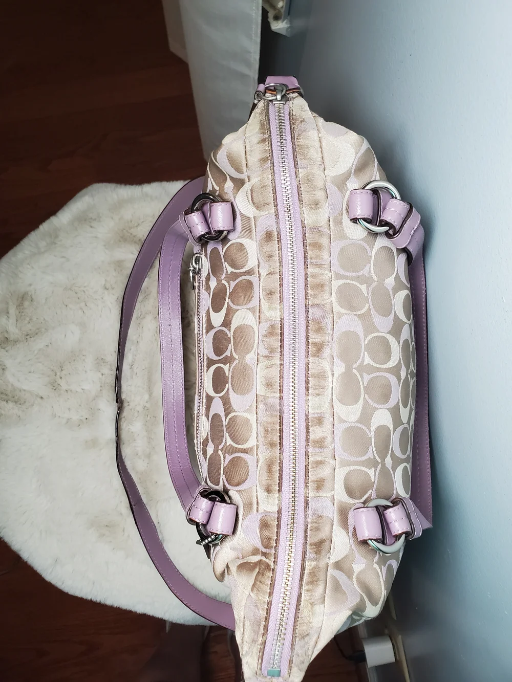 Coach Signature Jacquard Hobo Large Shoulder Bag Pink/Lilac Leather Trim Preppy